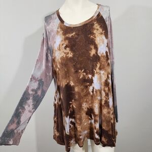 LOGO by Lori Goldstein Tie Dye Long Sleeve Tunic Top Brown Pink 1X Rayon Pockets